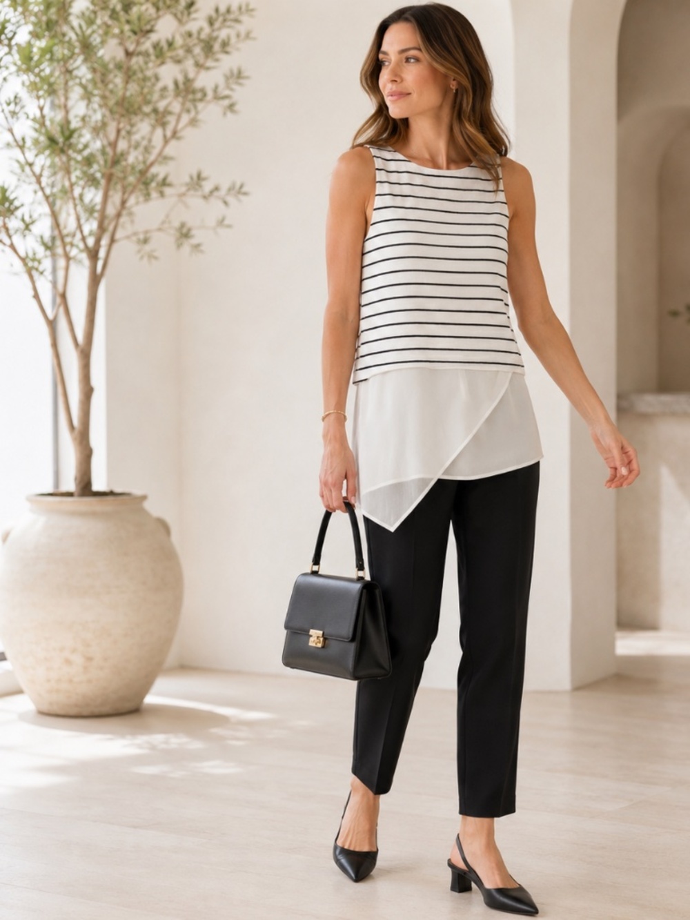 White House Black Market Striped Split Back Mixed Media Layered Tunic Top XS